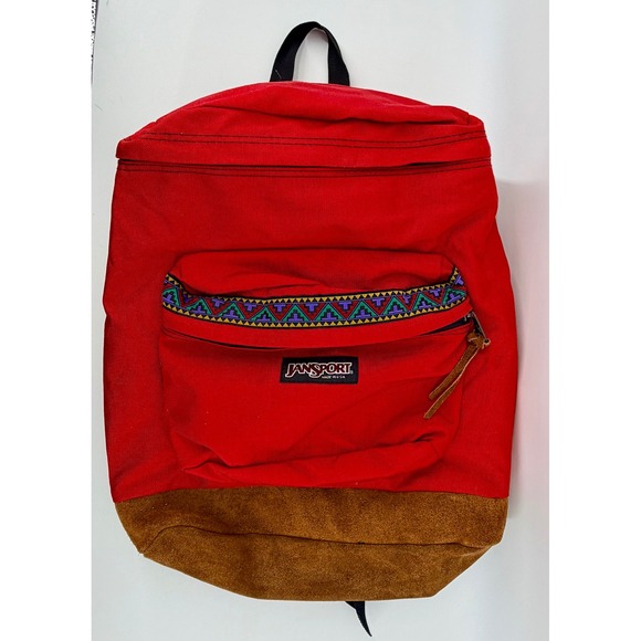 Vintage JanSport Backpack Red Suede Bottom Made in USA Southwestern Trim 90s Vintage JanSport Backpack Red Suede Bottom Made in USA Southwestern Trim 90s
